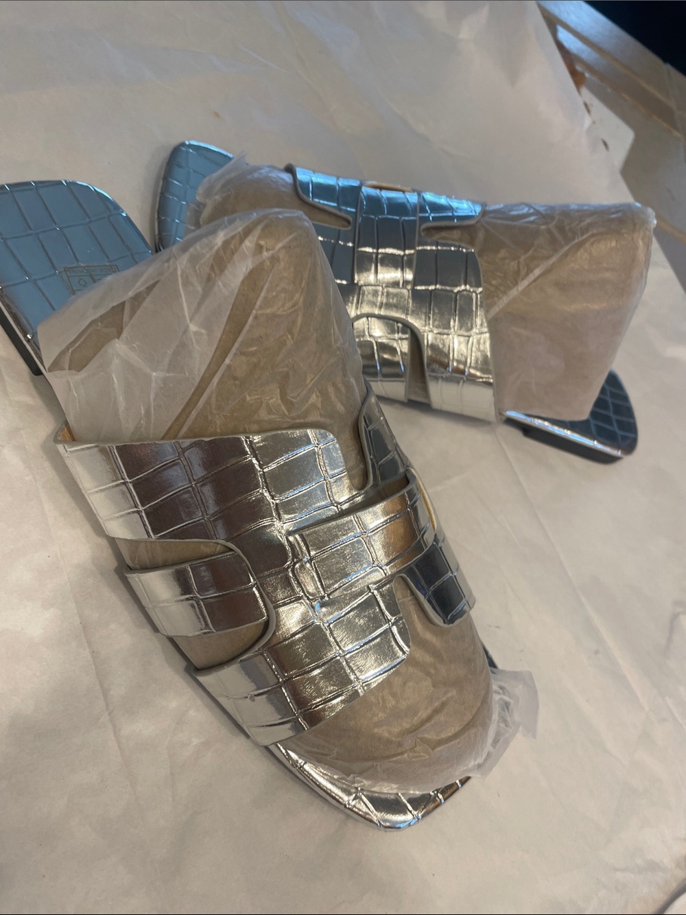 Metallic Silver Croc-Embossed Slide Sandals - Women's